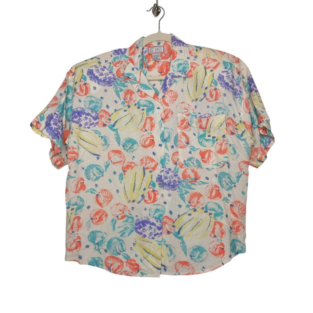 Vintage 80s 90s 62 East Rayon Banana button Shirt Shoulder Pads Art AOP Top M